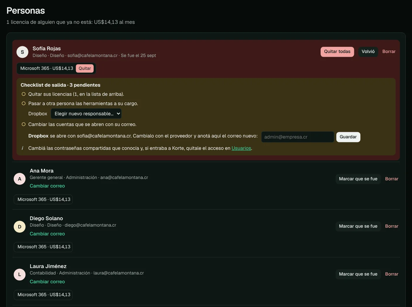 Checklist de salida de Sofía Rojas con tres pasos pendientes.